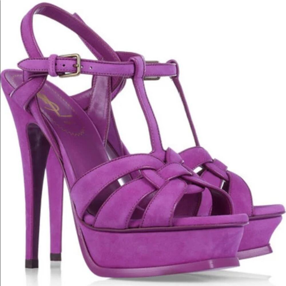 Yves Saint Laurent Tribute Suede T-Strap Platform Sandals Purple Womens 40 / 9.5